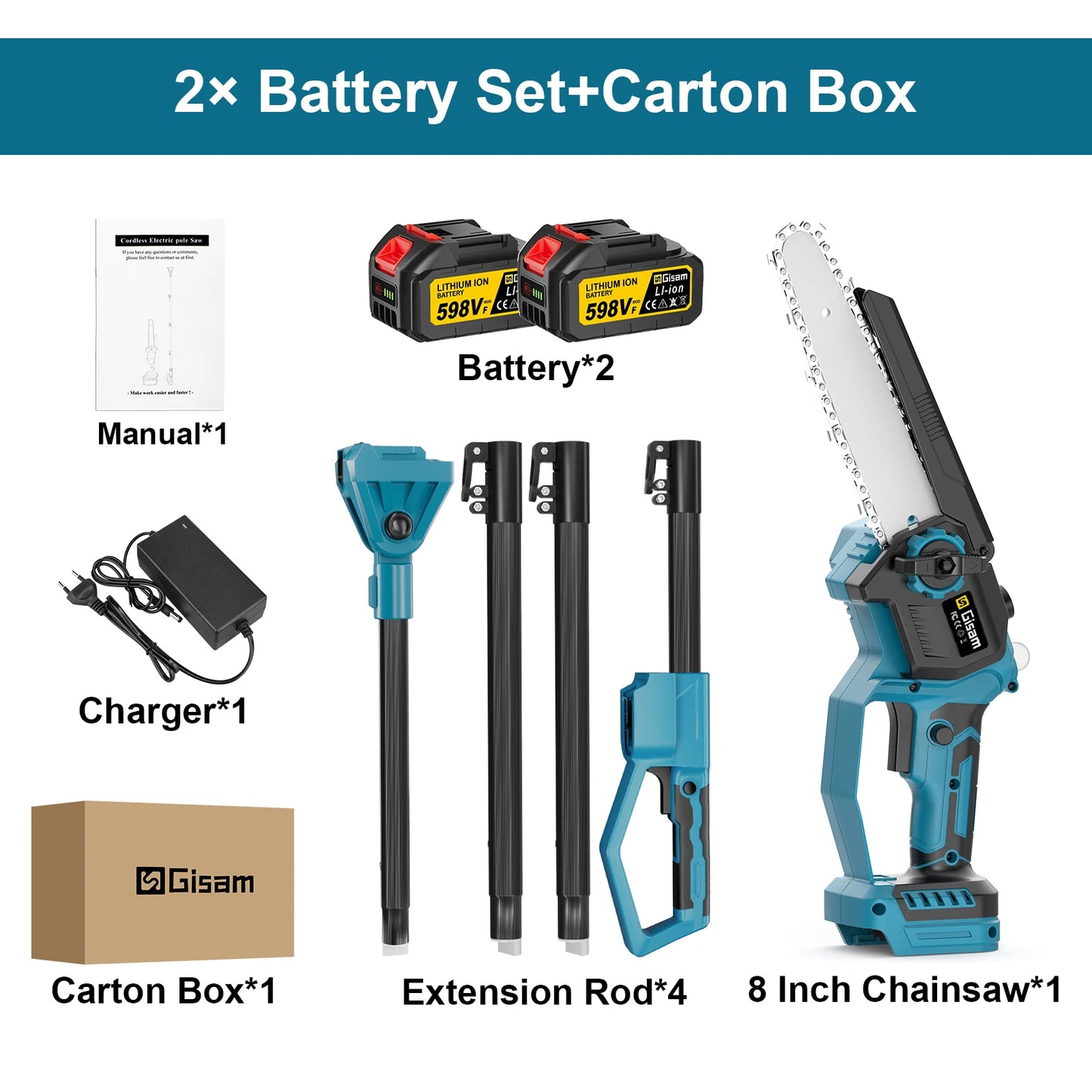 Gisam 2in1 Brushless Telescoping Pole Electric Chainsaw Cordless Garden Pruning Tool High Branch Saw for Makita 18V Battery Pin