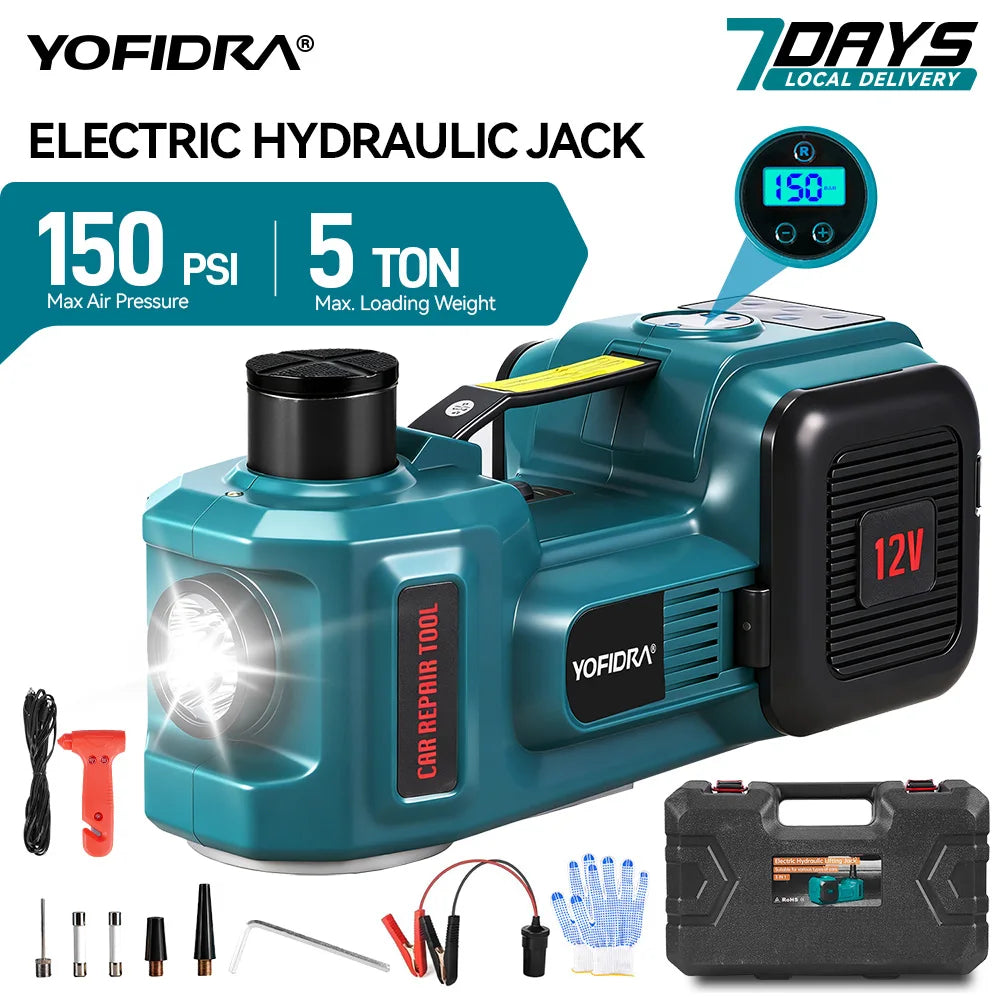 Cric hydraulique électrique YOFIDRA 150PSI 5T 12V avec éclairage LED pour changement de pneus de berline, SUV et camion, réparation en garage