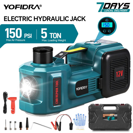 YOFIDRA 150PSI 5T Electric Hydraulic Jack Car Jack 12V Tire Changer With LED Light for Sedan SUV Truck Tires Garage Repair