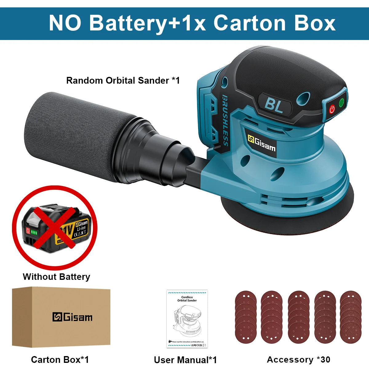 Gisam Brushless 3Gear Electric Orbital Sander 125MM Cordless Grinding Sanding Polishing Machine Dust Collection Woodworking Power Tool For Makita 18V Battery Pin