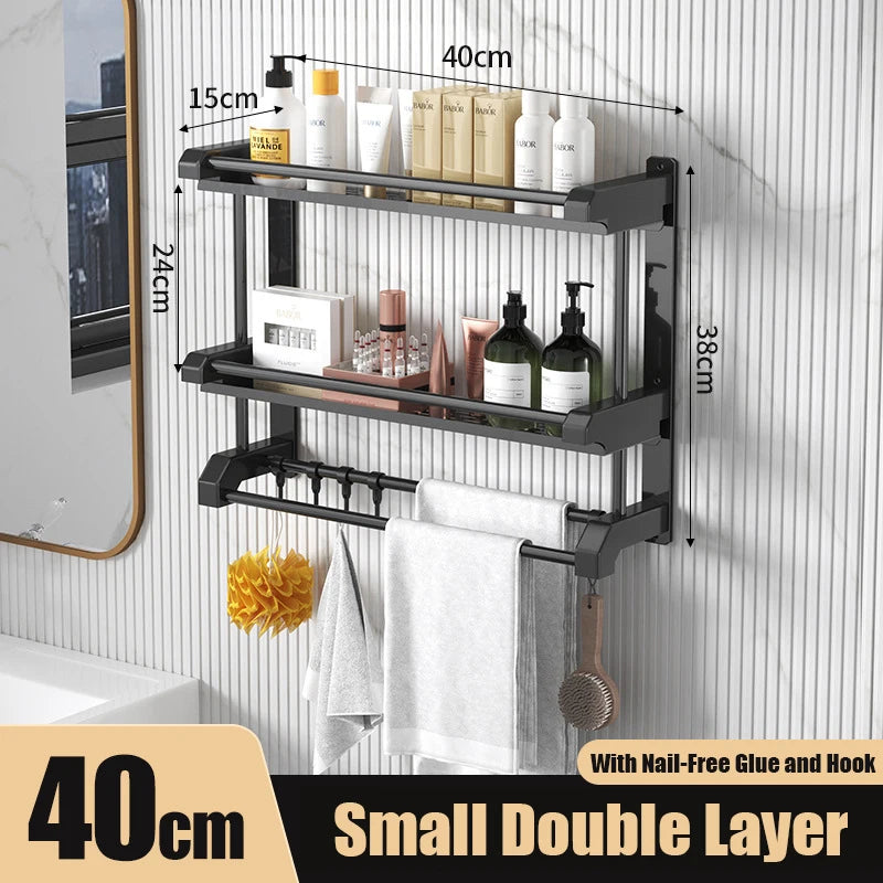 Bathroom Organizer and Storage,2 Layers Bathroom Shelves with Hooks,Bathroom Towel Bar Shelf,Wall Mounted Storage Shelf (Black)