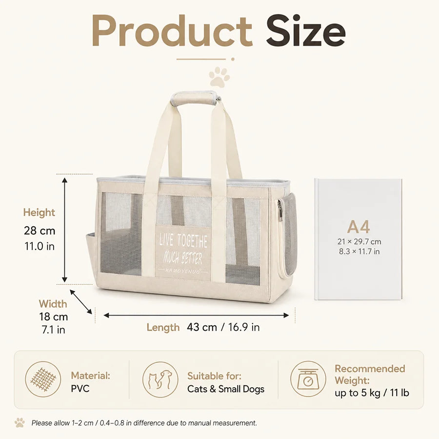 Portable Pet Carrier Bag Mesh Breathable Cat Travel Tote with Side Roll-Up Window Pockets Cat Accessories