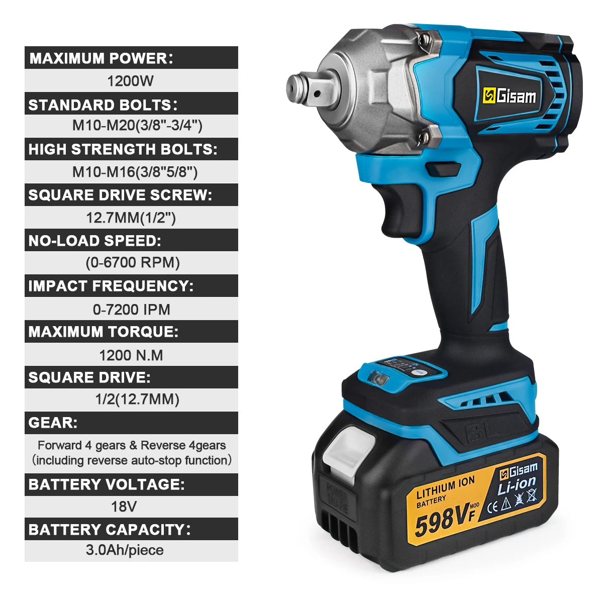 Gisam 1200N.M Koppel Borstelloze Elektrische Slagmoersleutel 1/2 inch Accusleutel Schroevendraaier Elektrisch Gereedschap voor Makita 18V Accu Pin