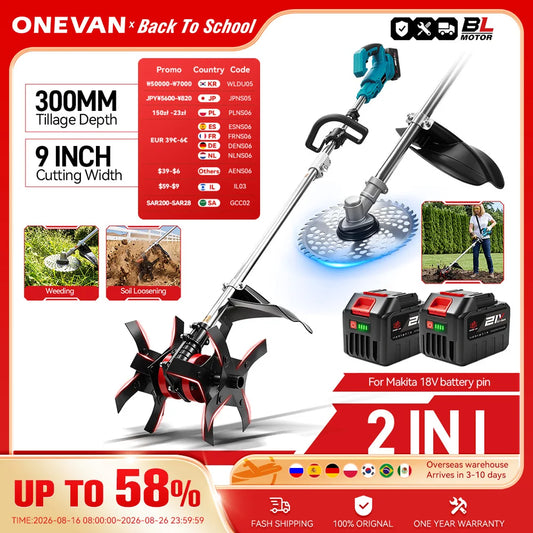 ONEVAN Brushless 2in1 Electric Tiller Cultivator Rototiller Cordless 9inch Lawn Mower Garden Tool For Makita 18V Battery Pin