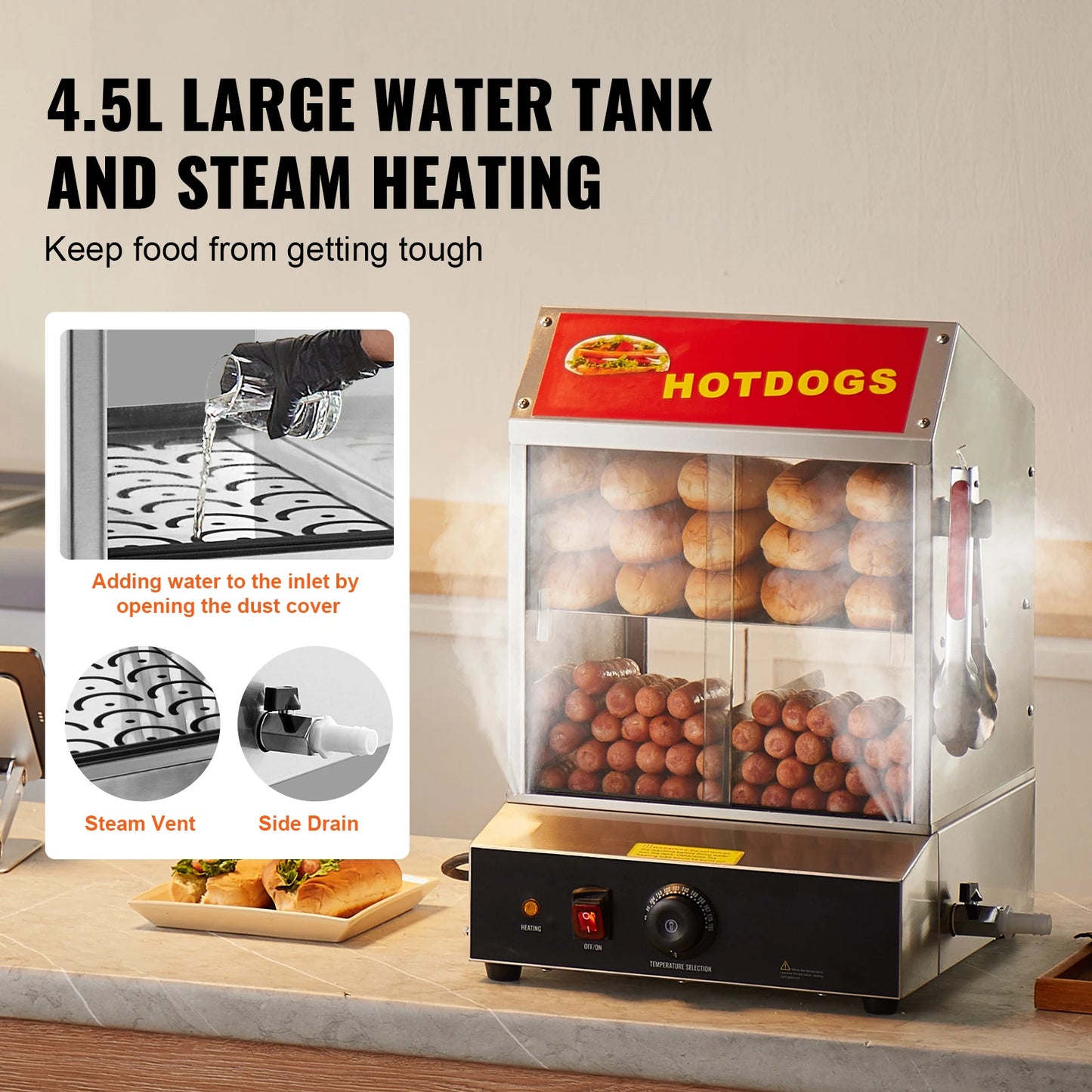 SucceBuy 27L 2Tiers Hot Dog Steamer with Temperature Control Stainless Steel Electric Bun Warmer for Hot Dogs&Buns for Cinema