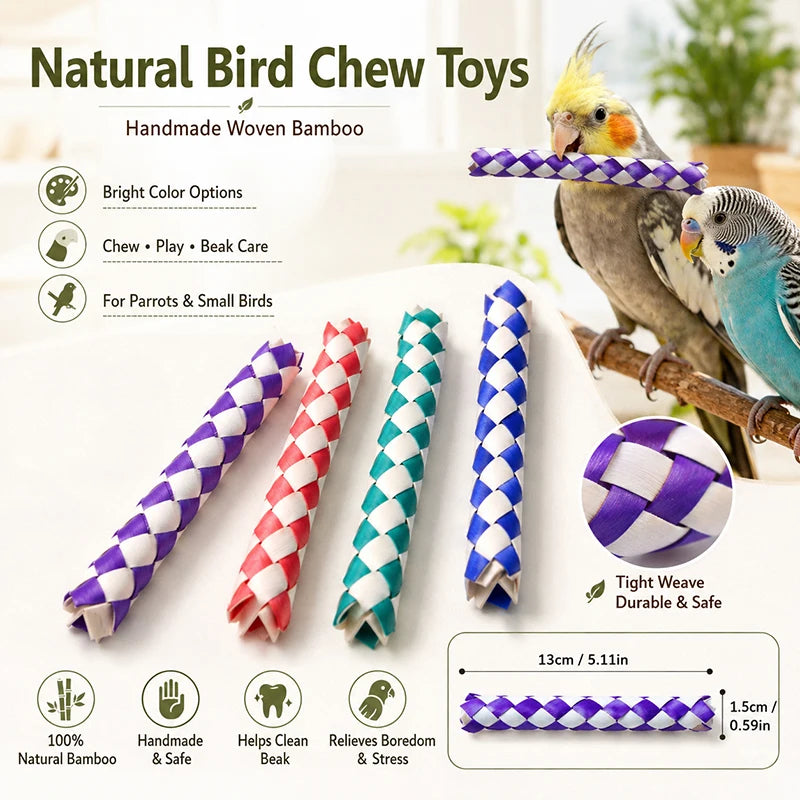 4PCs Bamboo Bird Chew Toys Woven Parrot Bite Toy Colorful Bird Cage Accessories for Budgies Cockatiels Parakeets Beak Grinding