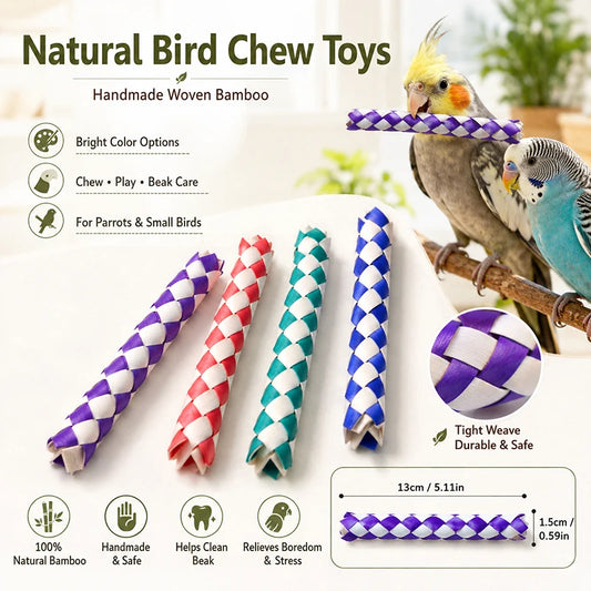 4 jouets à mâcher pour oiseaux en bambou, jouets tressés à mordre pour perroquets, accessoires de cage colorés pour perruches, calopsittes et autres oiseaux pour l'usure du bec