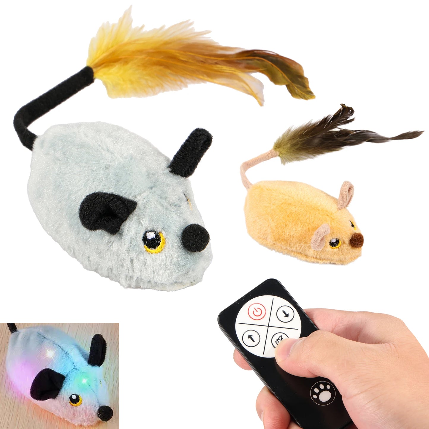 A set of remote-controlled plush mouse toys, one with colorful LED lights, and two others with feathered tails.