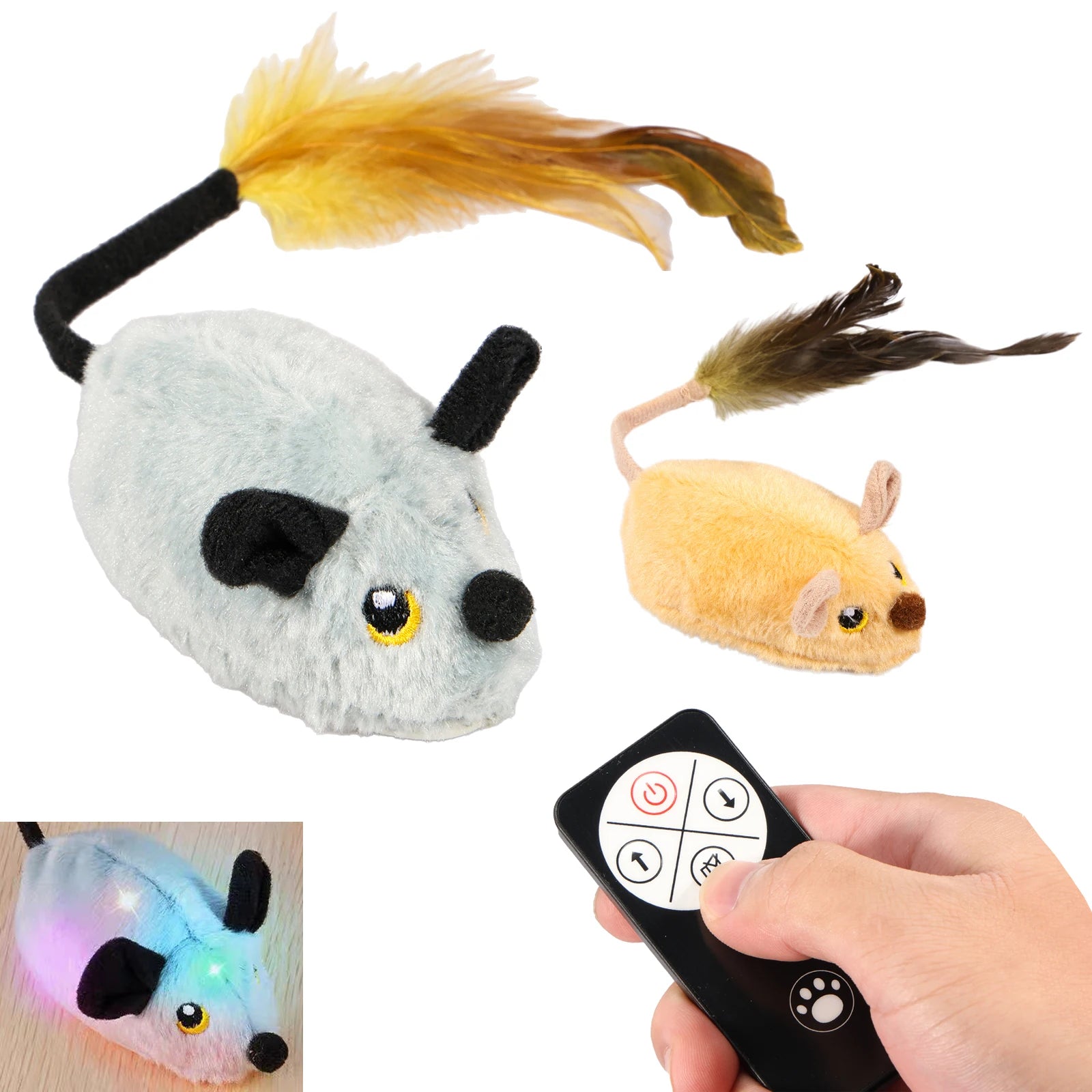 A set of remote-controlled plush mouse toys, one with colorful LED lights, and two others with feathered tails.