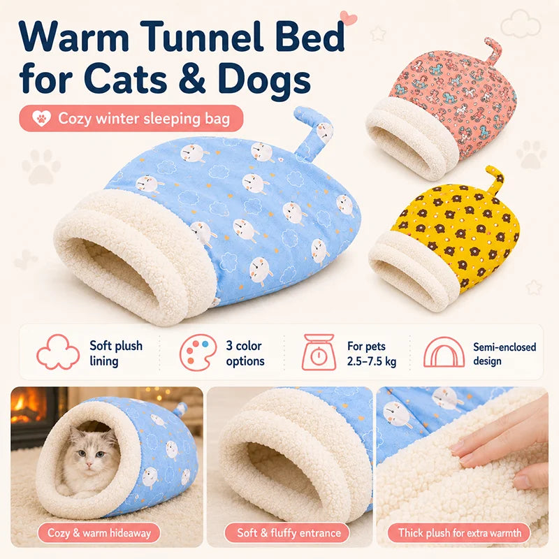 Cat Bed with Soft Fuzzy Lining Semi-Enclosed Winter Cave for Cats Small Dogs Semi-Enclosed Winter Sleeping Kitten Bed