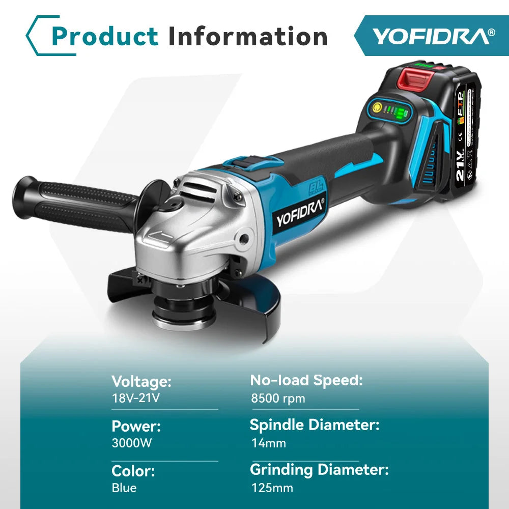 YOFIDRA 125MM Brushless Electric Angle Grinder Cordless Metal Wood Grinding Polishing Cutting Power Tool for Makita 18-21V Battery Pin