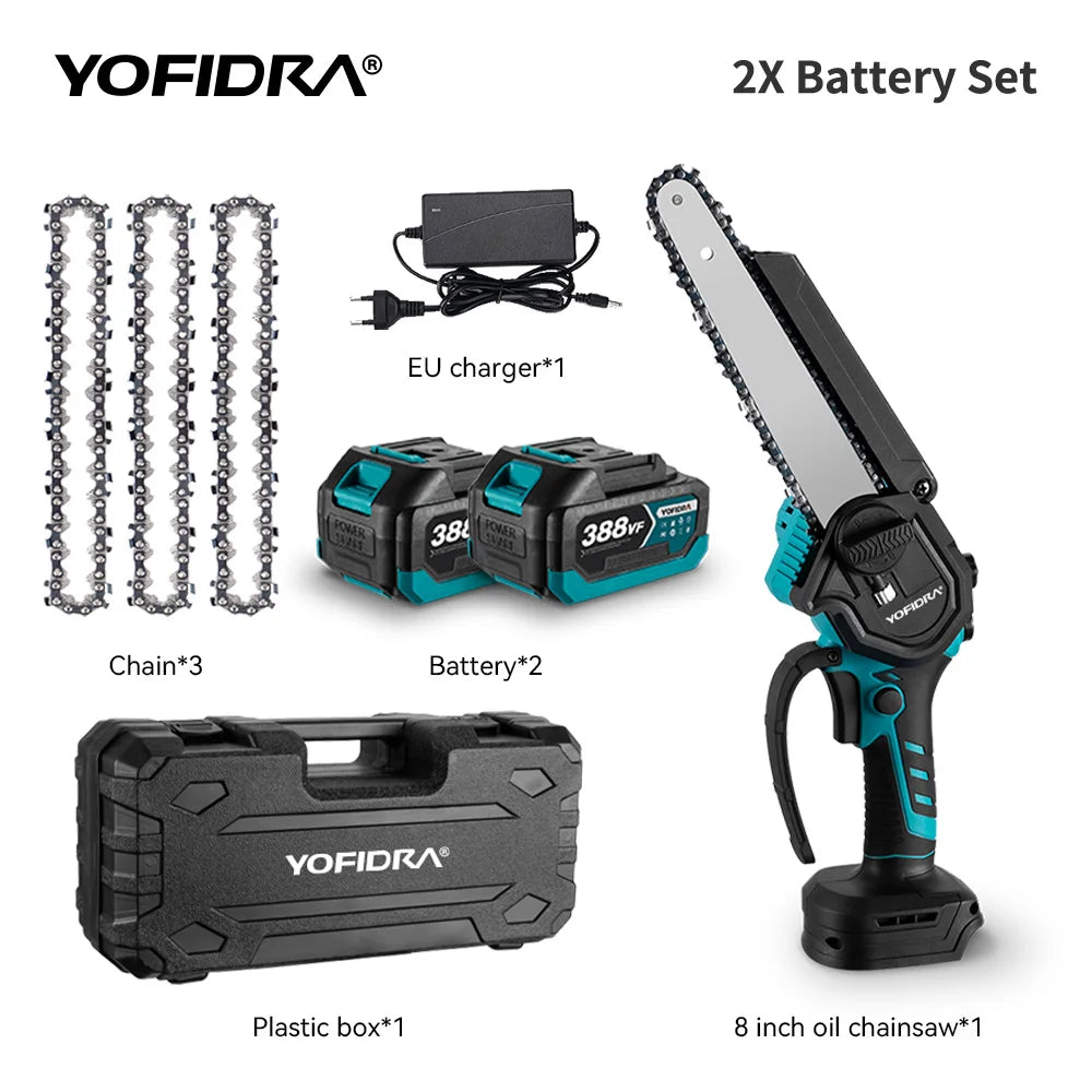 YOFIDRA 8Inch Brushless Electric Chainsaw Cordless Pruning Cutting Wood Tree Branch Garden Power Tool for Makita 18V Battery Pin