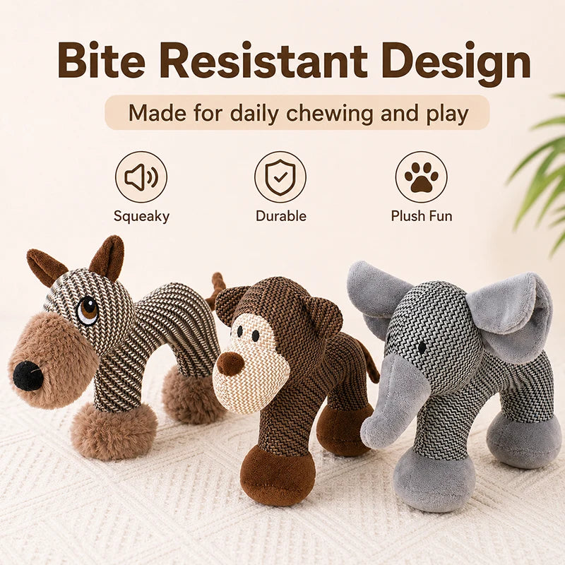 Plush Squeaky Dog Toy Bite Resistant Burlap Plush Animal Chew Toy Dog Elephant Monkey Interactive Fun Pet Toy for Dogs