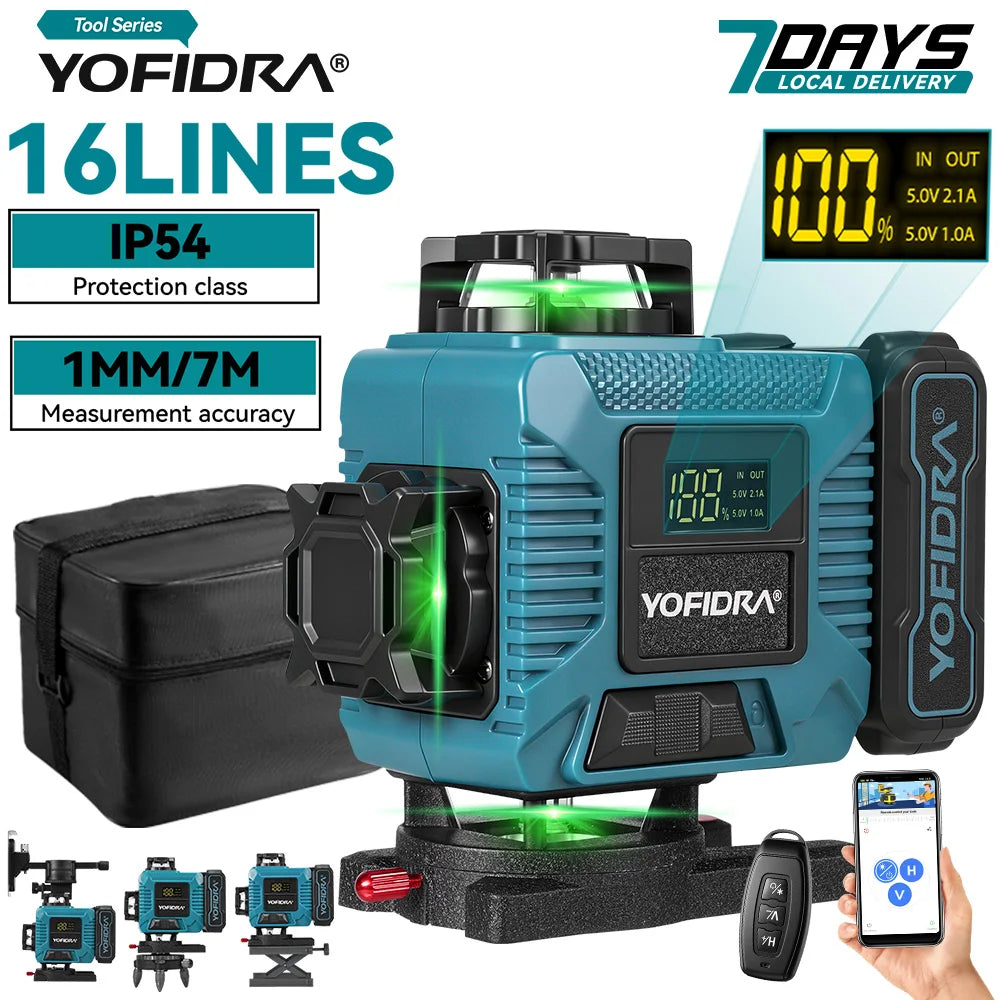 YOFIDRA 16 Lines 4D Laser Levels 360 Vertical & Horizontal Lasers Professional Super Power  Green Beam Laser Measure Machine