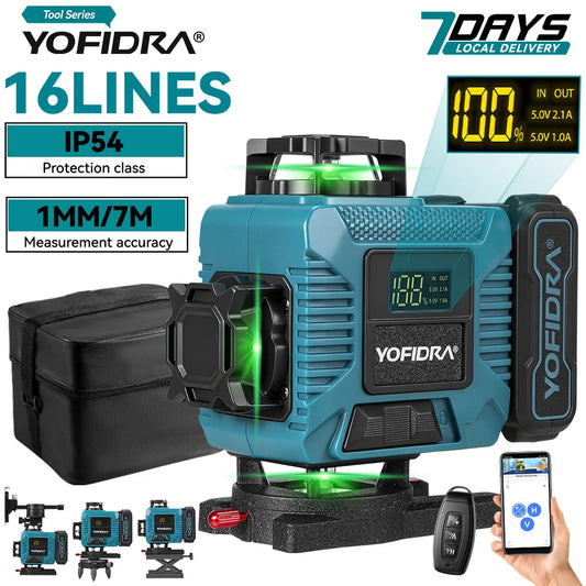 YOFIDRA 16 Lines 4D Laser Levels 360 Vertical & Horizontal Lasers Professional Super Power  Green Beam Laser Measure Machine