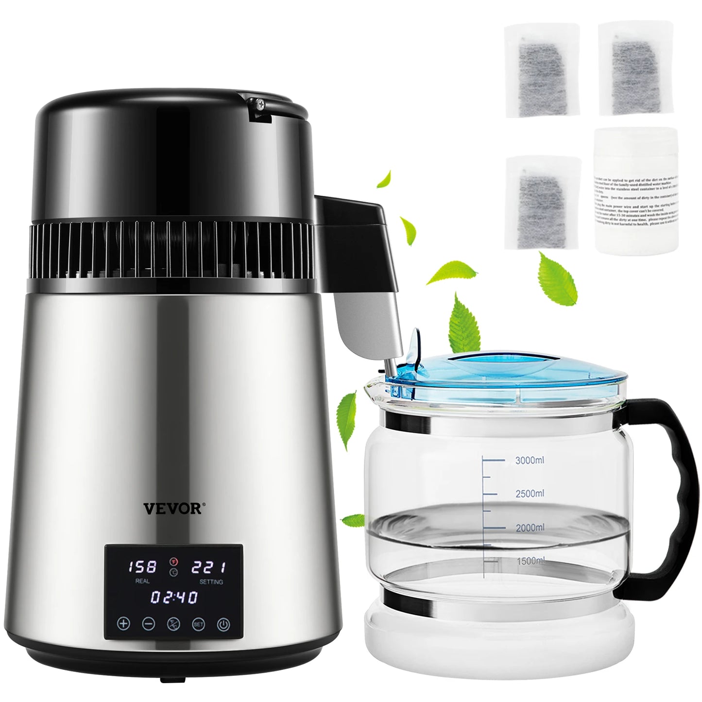 SucceBuy 1.5L/H Distilling Speed 4L Water Distiller Treatmen Purifier Filter Touch Screen Time Setting 304 Stainless Home Use