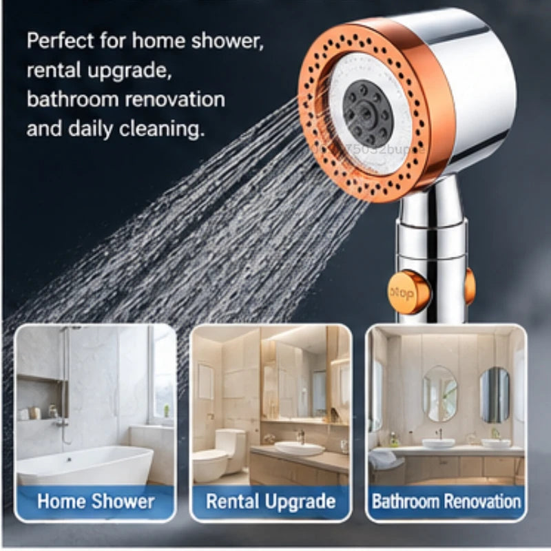 High Pressure Shower Head with Filter 3 Spray Modes Adjustable Large Flow One-Click Stop Water Saving Showerhead for Bathroom