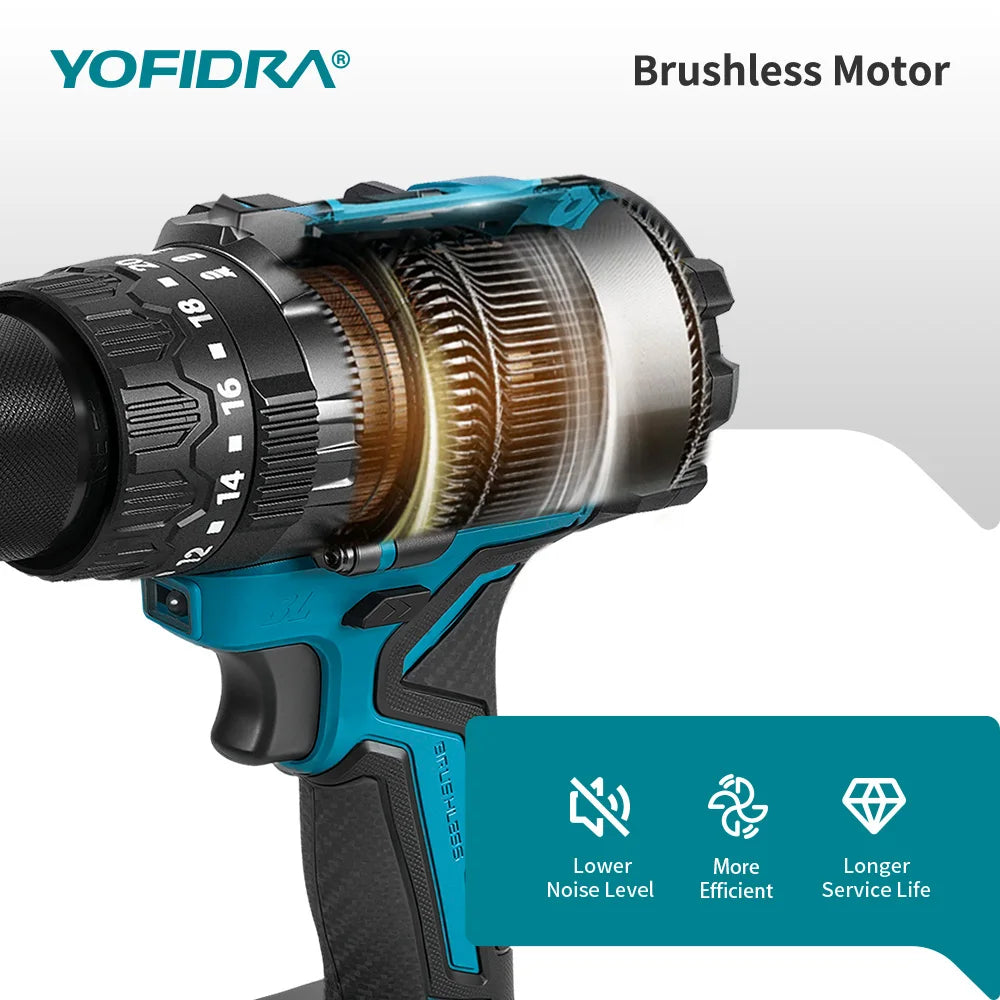 YOFIDRA 900N.M 13MM Brushless Electric Impact Drill 20+3 Torque Handheld Drilling Screwdriver Power Tool For Makita Battery Pin