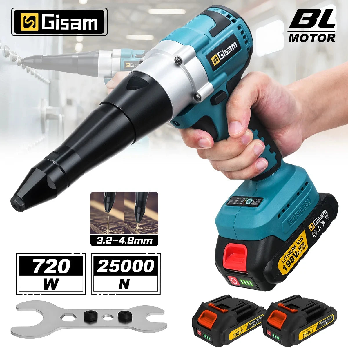 Gisam Borstelloos Elektrisch Klinkpistool 20000N Accu Klinknagelmoerpistool 2.4~4.8mm Boor-inzetstuk Elektrisch Gereedschap voor Makita 18V Accu Pins