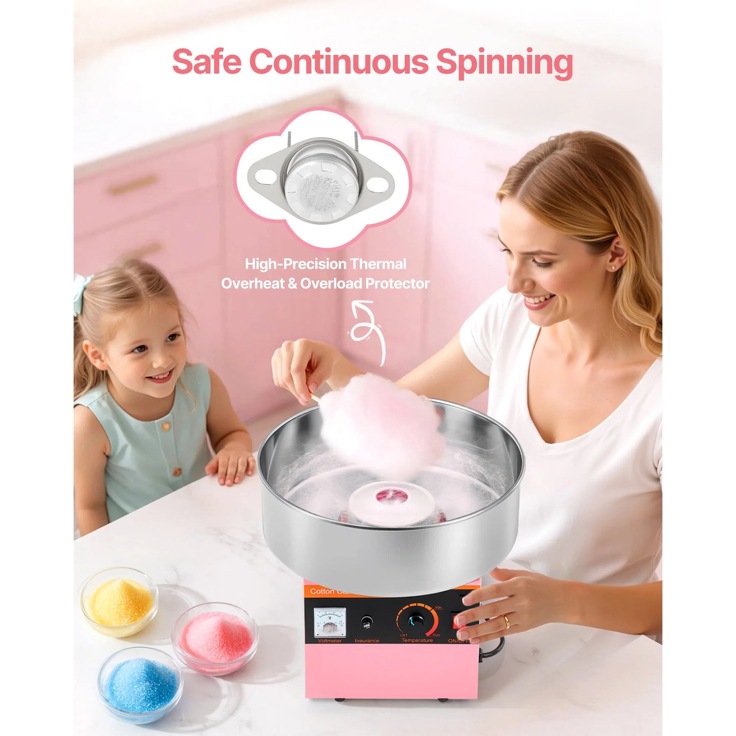 SucceBuy Cotton Candy Machine Commercial 1000W Electric Candy Floss Maker Easy Use with 15 inch Stainless Steel Bowl for Kids