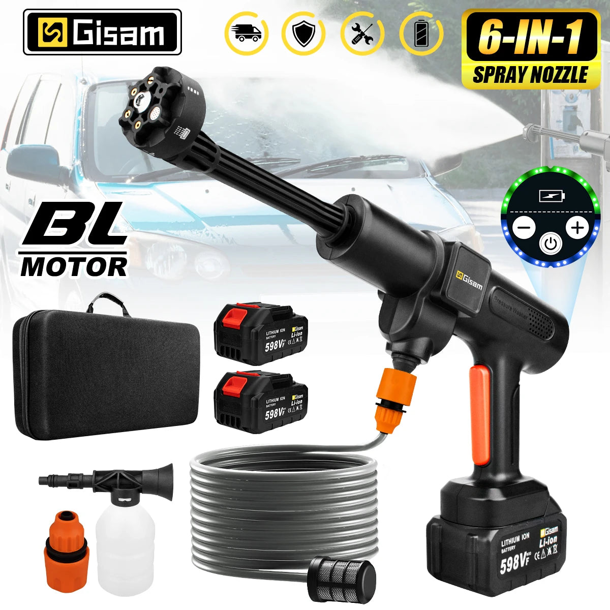 Gisam 200Bar Brushless High Pressure Car Washer 6in1 Electric Car Garden Washing Water Gun Spray Gun for Makita 18V Battery Pin