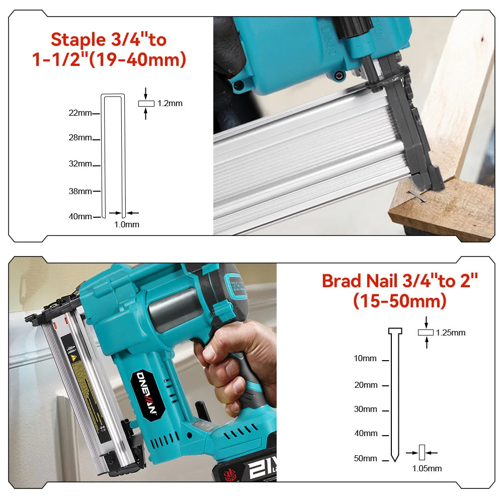 ONEVAN Borstelloze Elektrische 2-in-1 Nagel-/Nietpistool F15-50 K410-438 Accugereedschap met 4 Modi voor Makita 18V Accu