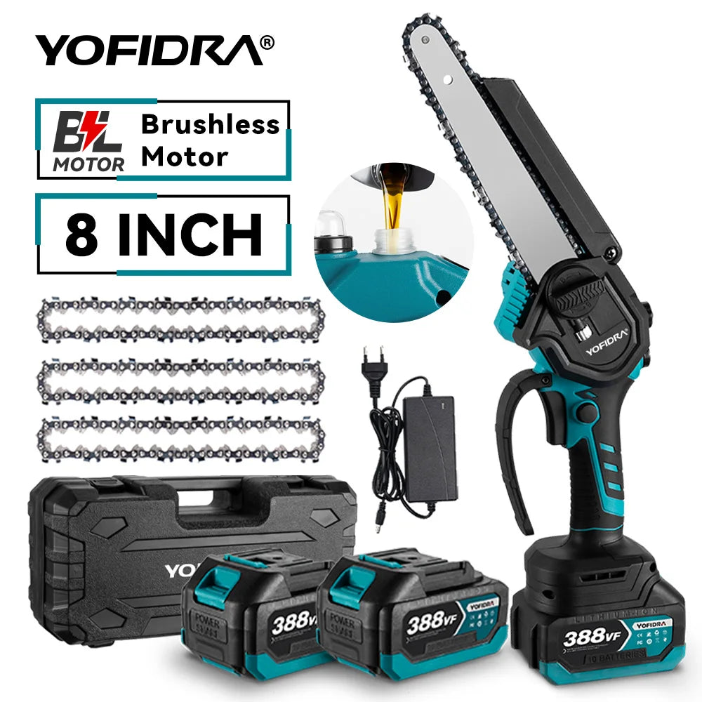 YOFIDRA 8Inch Brushless Electric Chainsaw Cordless Pruning Cutting Wood Tree Branch Garden Power Tool for Makita 18V Battery Pin