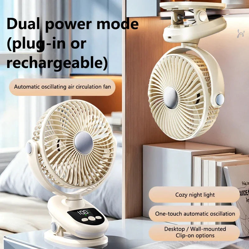 Lenovo stille circulatieventilator voor slaapkamer, USB-oplading, automatische zwenkfunctie, clip-on, digitaal display, ventilator voor kantoor, slaapzaal, bureau en nachtlampje
