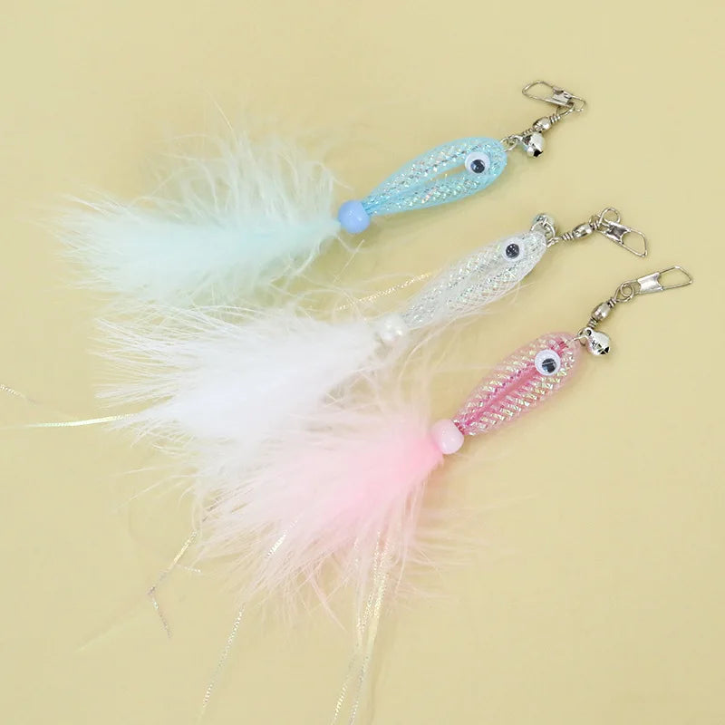 Lot de 2/3 baguettes teaser pour chat (couleur aléatoire) avec tête de rechange poisson brillant, jouet pour chat avec plume et grelot, fournitures pour animaux