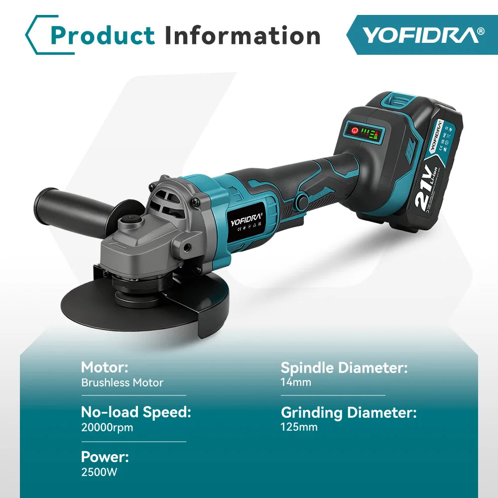 YOFIDRA 125mm 3 Gears Brushless Angle Grinder Cordless Grinding Machine Cutting Woodworking Power Tool For Makita Battery Pin