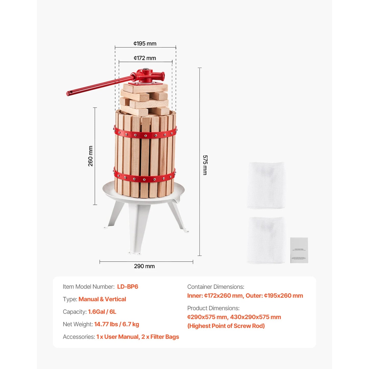 SucceBuy 6L 12L Fruit Wine Press Solid Wood Basket with 8 Blocks Heavy Duty Manual Juice Maker Cider Apple Grape Making Press