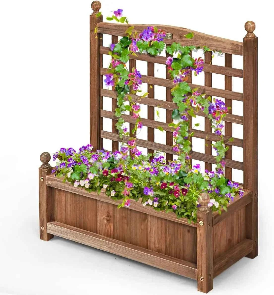 Flower Box with Trellis, Wooden Planter, Raised Bed with Trellis, Flower Tub, Trellis , 64.5 x 28 x 75 cm, Brown