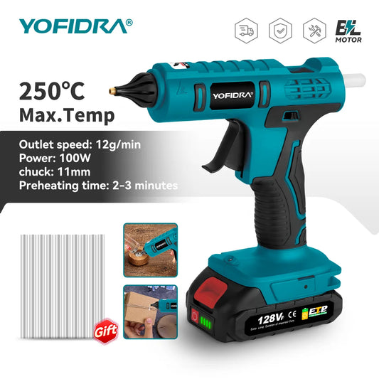 YOFIDRA 100W 260° Hot Glue Gun  Electric Mini Glue Guns Repair Power Tool With 10pcs 11MM Glue Sticks For Makita Battery Pin