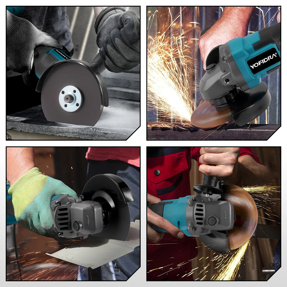 YOFIDRA 125mm Brushless Angle Grinder 12000RPM Cordless Cutting Polishing Power Tool With 3 Saw Blades For Makita Battery Pin