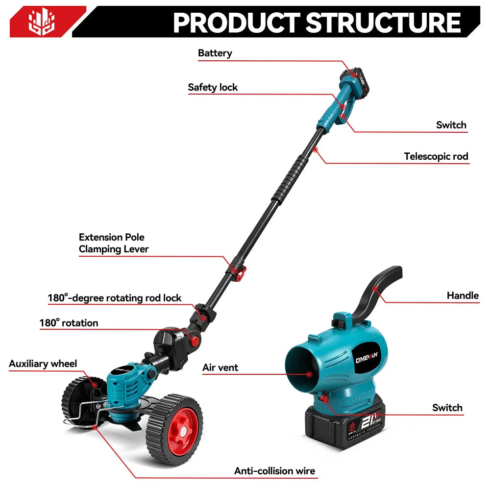 ONEVAN 3-in-1 grastrimmer bladblazer set snoerloze elektrische grasmaaier graskantmaaier tuingereedschap voor Makita 18V accu
