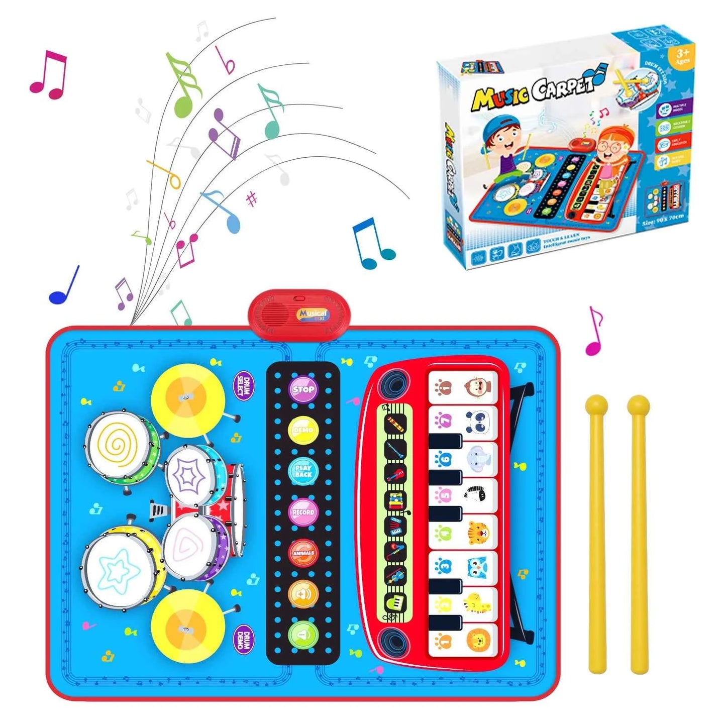 90x70cm Unicorn Music Mat - 2 in 1 Piano Keyboard and Drum Dance Mat for Kids, Educational Toys with 8 Instruments Sounds