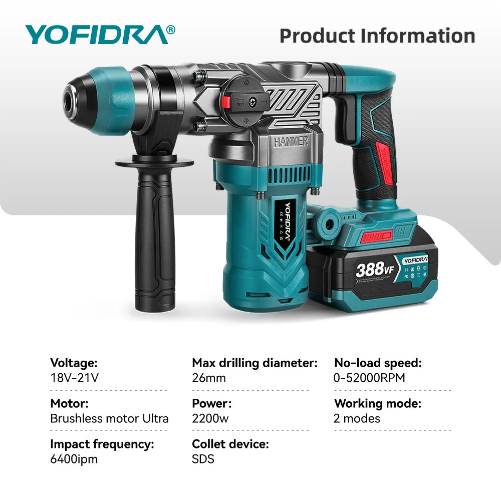 YOFIDRA 2200W Brushless Electric Hammer Impact Drill 26MM Multi-function Screwdriver Rotary Power Tool For Makita Battery Pin