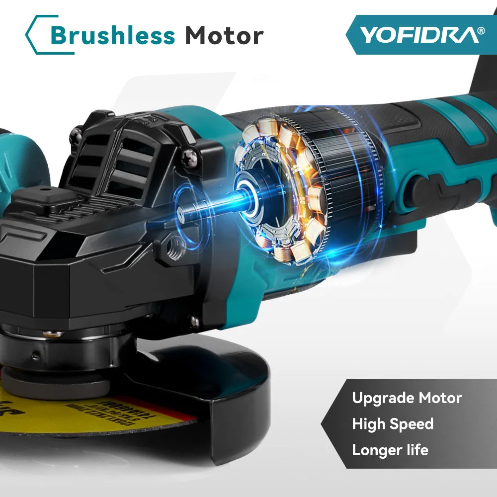 Meuleuse d'angle sans balais YOFIDRA M14 125mm 2000W, outil électrique sans fil pour le bricolage, compatible avec les batteries Makita 18V