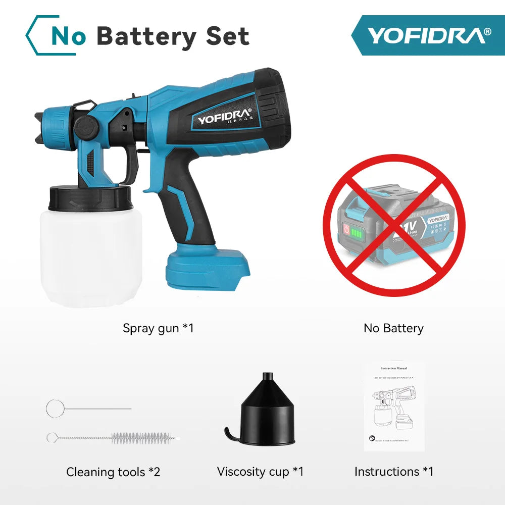 YOFIDRA 1000ML Electric Spray Gun Cordless Paint Sprayer Auto Steel Coating Airbrush DIY Power Tools for Makita 18V-21V Battery Pin