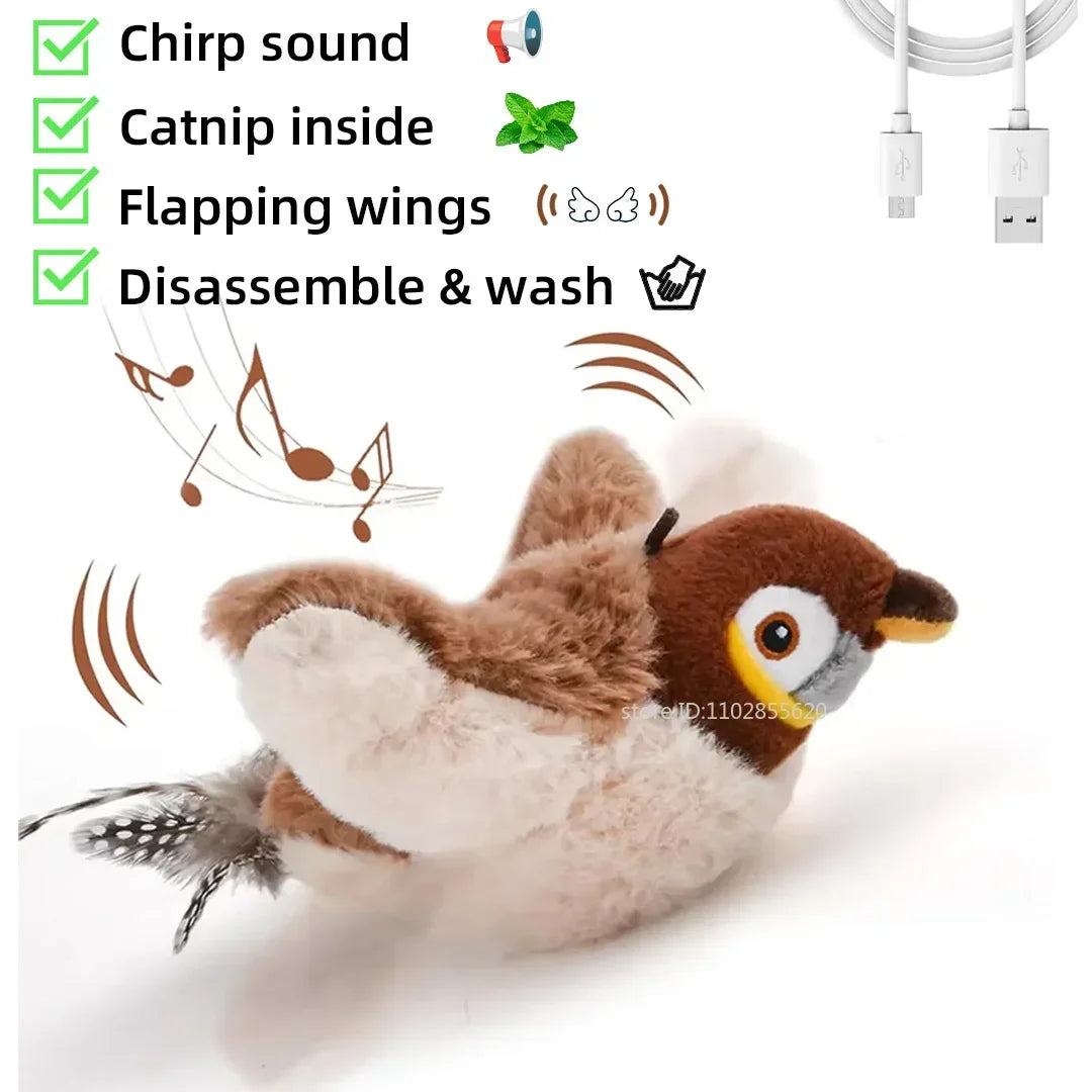 Interactive plush bird toy with chirping sound, catnip, flapping wings, and washable design.
