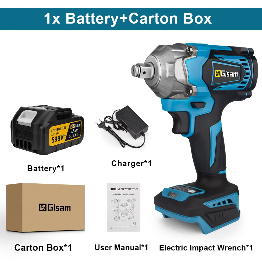 Gisam 1200NM Borstelloze Elektrische Slagmoersleutel Oplaadbaar 1/2" Autobanden Snoerloos Elektrisch Gereedschap voor Makita 18V Accu Pin