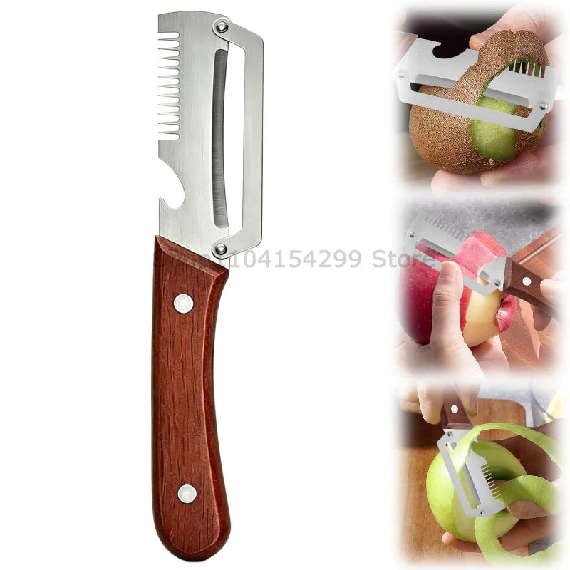 New Paring Knife Ergonomic Wood Handle Knife Stainless Steel Vegetable Peeler with Wooden Handle 2-in-1 Fruit Potato Peeler