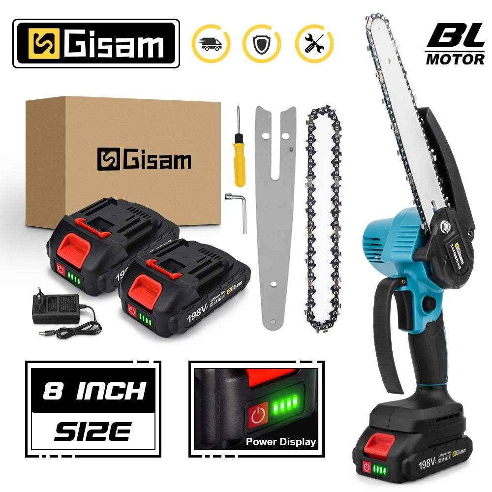 Gisam 8'' Brushless Electric Chainsaw Cordless Electric Saw Handheld Woodworking Garden Pruning Saw for Makita 18V Battery Pin