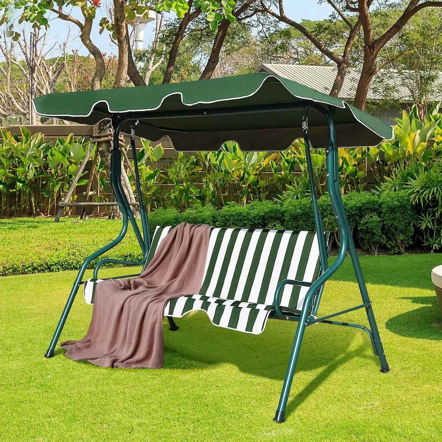 3 Seater Hollywood Swing Garden Swing with Adjustable Roof, Swing Bench, 172 x 110 x 154 cm (Green and White)
