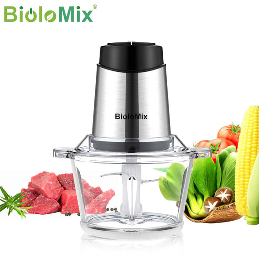 BioloMix Professional 1.8L Glass Bowl Food Processor Chopper with Dual Speed Control and Meat Grinder Function for Kitchen Use
