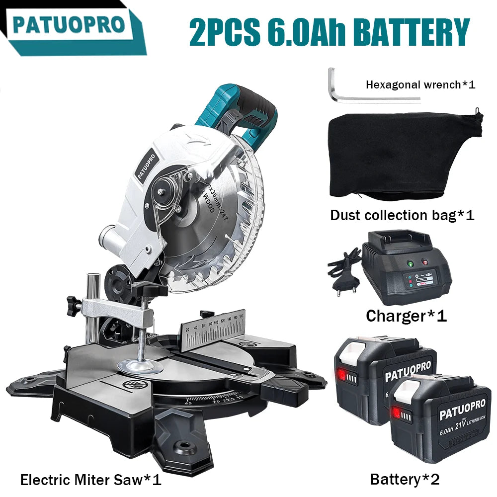 Scie à onglet sans fil PATUOPRO 8 pouces, biseau simple 45°, scie électrique compacte pour bois et aluminium, outil électrique compatible avec batterie Makita 18V