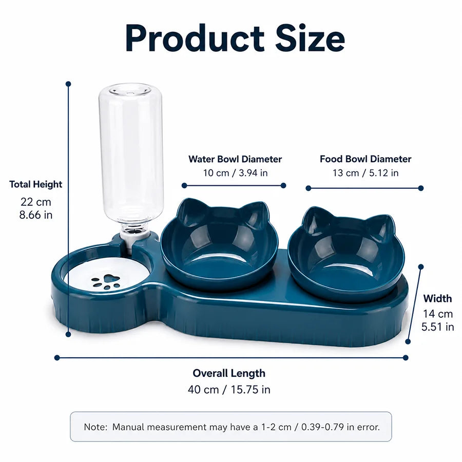 Automatic Cat Feeder Bowl Set with Dual 15° Tilted Bowls Gravity Water Dispenser Stable Base for Cats Small Dogs