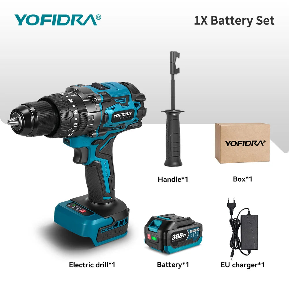 YOFIDRA 20+3 Torque 900N.M Brushless Electric Impact Drill 13MM Cordless Drilling Screwdriver Power Tool for Makita Battery Pin