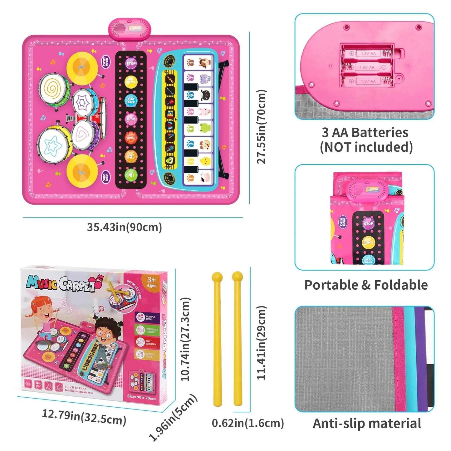 90x70cm Unicorn Music Mat - 2 in 1 Piano Keyboard and Drum Dance Mat for Kids, Educational Toys with 8 Instruments Sounds