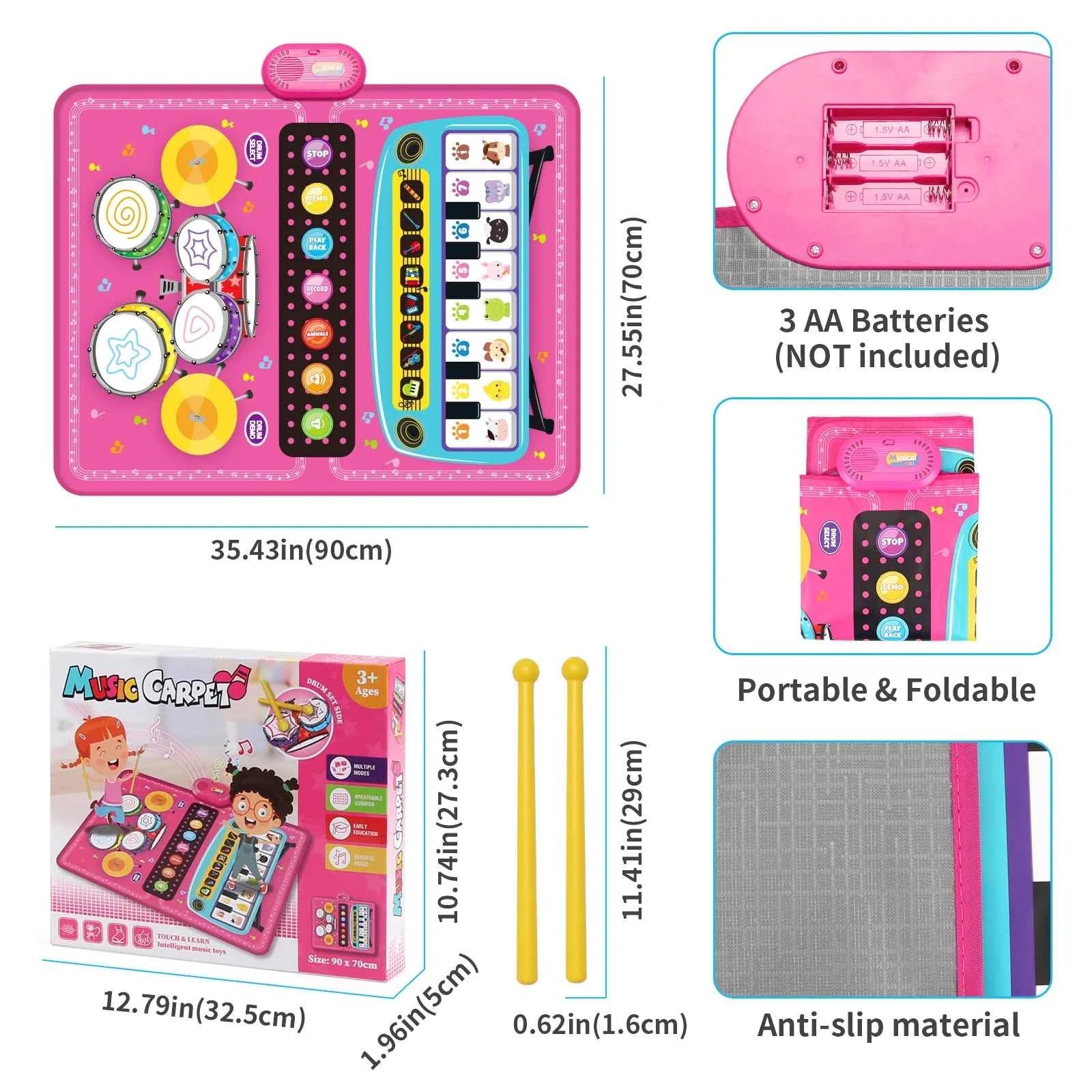 90x70cm Unicorn Music Mat - 2 in 1 Piano Keyboard and Drum Dance Mat for Kids, Educational Toys with 8 Instruments Sounds